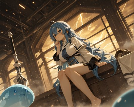 barefoot, absolutely eye-catching, dutch angle, 2boys, 1girl, wavy hair, absurdres, 8K, anime character, Brown Theme, fog, Soft Vignette, sitting, nail_polish, Spaceport concourse, Sapphire blue hair, amazing quality, hand_under_chin, ephemeral, long hair, depth of field, ships outside., shirt_lift, wolf_ears, swinging a bladed staff with fluid motion, evening, Roxy Migurdia (Mushoku Tensei), Storm Elemental, masterpiece, glow, escher-style geometry, very aesthetic, newest, RTX, slime_(creature), motion_blur:1.1, light skin, best quality, ambient occlusion, ultra-detailed, motion_lines:1.1, huge breasts, futuristic travelers