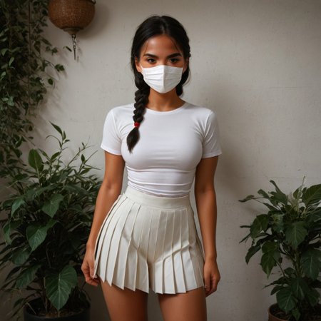 maskhideface, cotton mask, score_9, score_8_up, score_7_up, 18 years old,zPDXL3, Western Comics, 1girl, medium  breasts, , native american, black twin braid hair,white shirt, tight shirt, (white skirt), pleated skirt, cute face, standing, indoor, intricate detail, sunlight,,