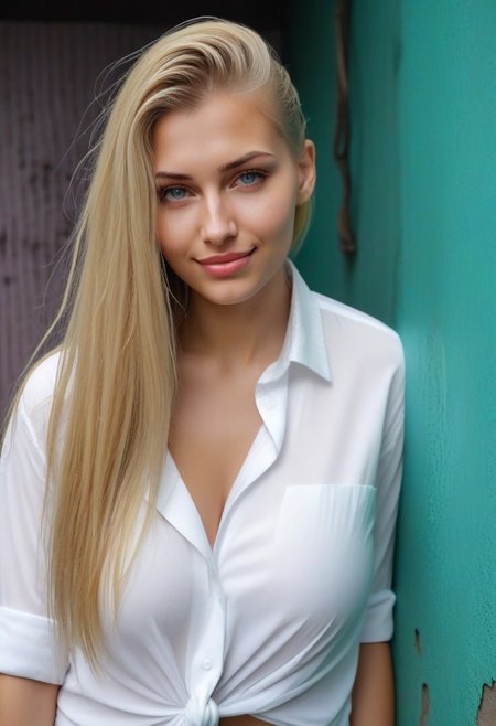 24yo busty Selene in white shirt posing in messy alleywall