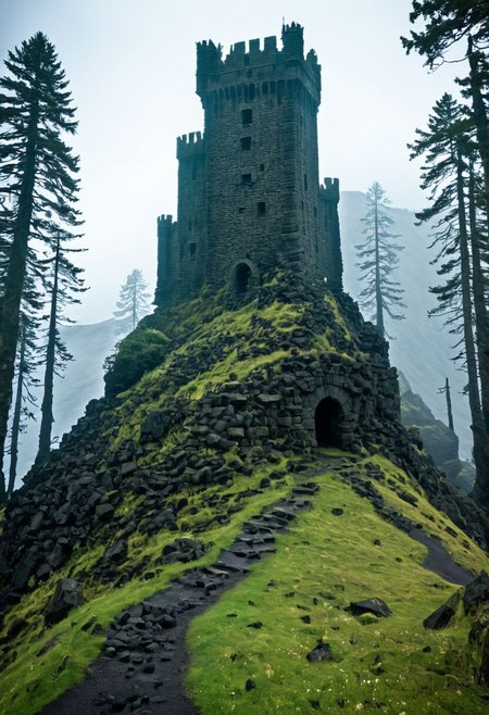 <lora:TheWeirdies_epoch_10:0.78>, epiCPhotoGasm-colorfulPhoto  , advntr ,
score_9, score_8_up, score_7_up, score_6_up
Durlag's Tower was a large tower that was said to be haunted by a powerful entity, as well as one that housed immeasurable treasure. ((game of thrones aesthetic)), The fortress was located south of the Wood of Sharp Teeth, a couple of miles from the small settlement of Gullykin. The tower was built entirely of volcanic stone and was in fair condition given the amount of time and neglect involved. It laid atop a volcanic plug that dominated the surrounding lands. Durlag Trollkiller, aided by hired dwarves, was said to have hollowed out the mountain for the rock that made up his tower and used the space created to hide further treasure. (((massive hairy chode))),  son of Bolhur the Clanless, a dwarven hero said to have amassed a large quantity of treasure and stored it here and in a few other locations. This treasure was protected by all manner of magical wards and mechanical traps, the latter of Durlag's own devising. Many adventurers sought his treasure over the decades, with varying degrees of success. Around 1372 DR, rumors said a fiend had taken up residence within the remains of the tower and used the defenses created by Durlag to keep both itself and the treasure safe. Some claimed that this creature was a lich.
no humans
((massively large tower fortress, dark woods surround, built of volcanic stone, mountain, dark))
