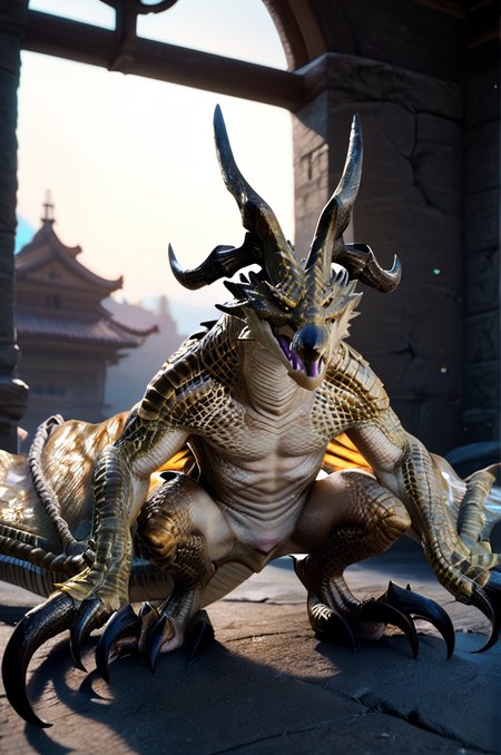source_furry, score_9, score_8_up, score_7_up, (wyvern_xv, wyvern, feral), scalie, gold scales, detailed scales, horns, blue eyes, detailed eyes, claws, tail, winged arms, <lora:FF_Wyvern10:0.8>, indoors, temple, squatting, look at viewer, looking suprised, zPDXL2, zPDXLpg, zPDXLrl, shaded, best quality, highly detailed, extreme detail, photorealistic