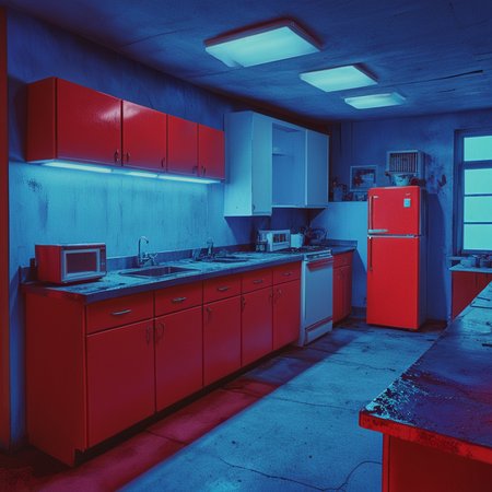 <lora:SurrealHorrorMovieSDXL:1> Surreal Retro Horror movie Still, The image shows a kitchen with a countertop a refrigerator and a few lights illuminating the room. The walls are painted in a combination of red and blue giving the room a vibrant and lively atmosphere., no humans, scenery, red theme, indoors, building, window, dark