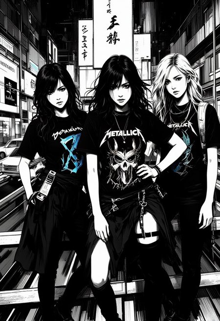 Special Ink-drawing mode, Mh1$AgThS2, intricate linework with expressive contrasts, Japanese female idol group, 3 japanese women, each wearing different heavy metal "Metallica" t-shirts, streetwear, posing on a pedestrian bridge over a busy Tokyo cityscape, album photoshoot, directional lighting, moody poses