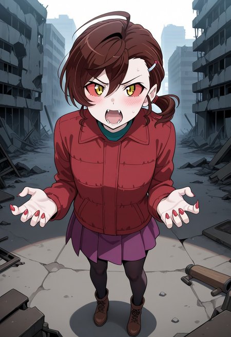 1girl,Inuyama Mana(GeGeGe no Kitarou),solo,post-apocalypse,1 hair tie,screaming,(fangs:1.2),pale skin,Scratch pose,intense movement,(lavenderblush skirt:1.2),crimson (Down jacket:1.3),(Placket jacket:1.3),(red sclera:1.5),red fingernails,(single hair intake:1.5),wavy hair,swept bangs and (hair pulled back:1.2),hair between eyes,(low ponytail),Ahoge,(Brown:1.5) medium hair,sideburns,Brown ankle boots,pantyhose,1 silver hairpin,post-apocalypse,masterpiece,best quality,amazing quality,perfect