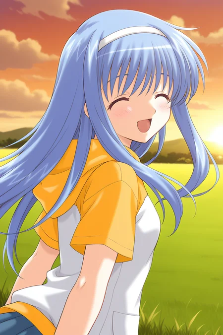 masterpiece, best quality, absurdres, official art, official style, rating general BREAK <lora:takayashikimatsuri_IL_v1-1:0.7>, takayashiki matsuri, 1girl, solo, blue eyes, blue hair, long hair, sidelocks, white hairband, casual, white hoodie, yellow sleeves, yellow hood, hood down, short sleeves, raglan sleeves, outdoors, grass, sunset, cloud, sky, upper body, portrait, scenery, upskirt, field, cloudy sky, twilight, evening, blurry, orange sky,
blush, :d, ^ ^, ^o^, closed eyes, happy, happy smile, open mouth