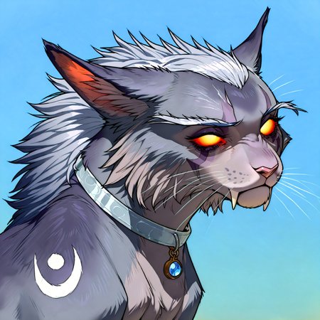 <lora:WoW_NEDruidCat_a1_1_NoobXL-eps>masterpiece,semi-realistic forms of felines,best quality,amazing quality,high quality,very aesthetic,absurdres,newest,shaded,digital media \artwork\,depth of field,wownedrucat,solo,feral,detailed feral,  blue blank eyes,transparent sclera,glowing  eyes,full size portrait, grey violet eye markings,shoulder markings, a little opened mouth,sabertooth,side view,pose,gray with light violet shading fur, silver hair,sad face,sitting,sad eyes, ears pressed back in fear, head looking to the left side, deep thinking, long realistic ears, ultra detailed realistic feline face, elegant white whiskers, silver leather collar without pendants, blue stone on the collar, fluffy hair that lays only on the back and forehead,ash ears, light peach color nose, nude natural soft color composition, background is soft and perfectly contrasts with the main object of the picture, soft colors gradient background, natural colors of the background that perfectly contrast with the main object of the picture, soft lighting from the left edge of the picture
