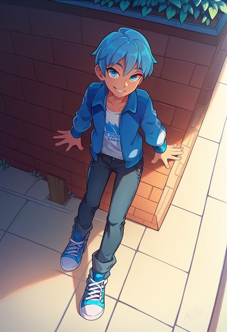 (((beautiful, high quality))), score_9, score_8_up, score_7_up, score_9, score_8_up, score_8, masterpiece, best quality, unrealistically high details, extremely high quality, ultra high detail, good anatomy, anime style, full body, park background BREAK cute, ((1boy, solo, blue hair, cyan eyes, smile,  skinny boy, (((
blue racing driver's jacket, black jeans, blue sneakers, sultry look, looking at viewer))), dramatic angle, (ray tracing, good shadows, score_9, score_8_up, score_7_up),