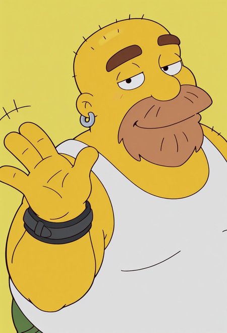 Sh4wn, yellow background, 1boy, solo, male, yellow skin, brown beard, bald, earring, black eyes, cartoon eyes, thick dark brown eyebrows, chubby, overweight, belly, fat, black bracelet, white tank top, green shorts, work boots, a brown leather boots, gray socks, BREAK, half eyes closed, looking at viewer, high angle, upper body, smile, closed mouth, waving at viewer, hand focus, upper body