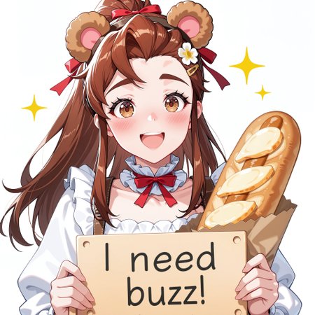 score_9, score_8_up, score_7_up, score_6_up, anime, beautiful, stunning, masterpiece, best quality, amazing quality,

brigitte (overwatch), brown hair, long hair, ponytail, brown eyes,

need_buzz, holding sign, need_buzz,


1girl, bread, food, hair ornament, animal ears, solo, smile, long hair, upper body, open mouth, two side up, cookie, looking at viewer, frills, bear ears, hairclip, ribbon, long sleeves, baguette, flower, collar, bag, bow, eyelashes, frilled collar, white shirt, shirt, fake animal ears, dress, red ribbon, puffy sleeves, :d, hair ribbon, blush, cheese, hair flower, collarbone, sparkle, detached collar



















