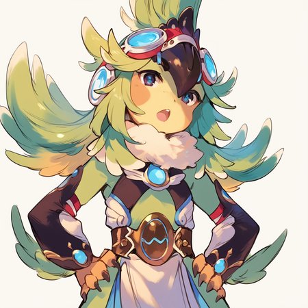 (score_9:0.9),score_8_up,score_7_up,anime style,rating_safe,(zPDXL),<lora:XB2 Finch ponyXL v2:0.75>,finch, 1girl, solo, open mouth, simple background, hands on own hips