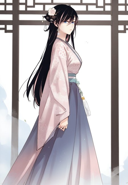 zPDXL3, score_9_up, score_8_up, score_7_up, (Anime_source),Masterpiece,(perfect female body:1.2), small waist, (incredibly detailed:1.4), slim, beautiful fingers, beautiful white skin, Beautiful clear skin, (large breasts:1.4)  looking at viewer, from side, big breasts, ass, perfect ass,   nayerin, 1girl, black hair, pink hair, multicolored hair, blue eyes, long hair, hair ornament <lora:Na_Yerin_-_Masters_of_Lightning_Knives-Kaleid_PONY:0.9>, hair flowers, expressionless, chinese clothes, (facing viewer:1.5) standing, long dress