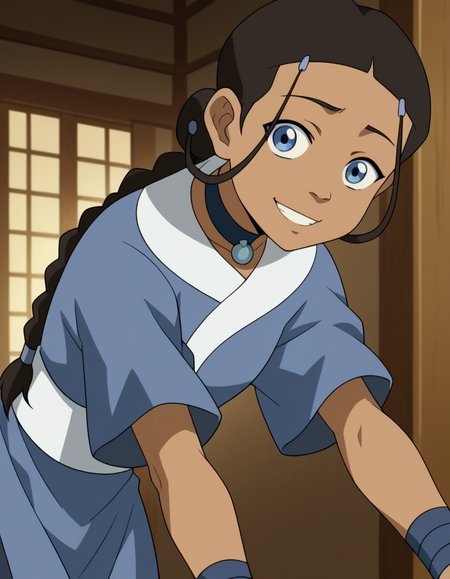 score_9, score_8_up, score_7_up, source_anime, <lora:katara-book2-ponyxl-lora-nochekaiser:1>, katara, long hair, blue eyes, brown hair, black hair, hair ornament, hairclip, braid, single braid, braided ponytail, dark skin, dark-skinned female, choker, short sleeves, robe, blue robe, sash,, indoors, bent over, smile, looking at viewer, solo, cowboy shot, dutch angle