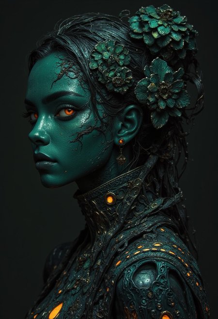 A statue of a african woman made of obsidian, her skin composed of delicate, textured obsidian, with diamond and obsidian carved flowers intricately woven into her hair, her eyes are a bright, glowing green color, and she is wearing a majestic, windy-blown ornate gown with tattered, ruby and obsidian petals, reminiscent of a dark, dystopian world, her face and shoulders illuminated by a soft, ambient glow, as if radiating an otherworldly energy. In the styles of Royo's dark, mystical realism, Artgerm's hyper-detailed, metallic sheen, and Lovecraft's eerie, atmospheric tension, with meticulous attention to intricate textures, dramatic shading, and a sense of haunting, ethereal beauty.
