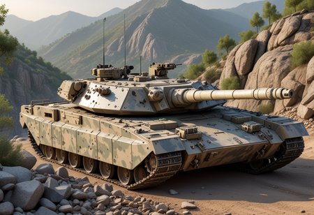 (medium full shot) of (agile expansive digital-camo tank) with ceramic armor, electric, reinforced turret, camouflage foliage, set in  a rocky hillside, with loose gravel and boulders, the tank climbing to gain a strategic advantage, during a dawn operation, Masterpiece,best quality, photo, realistic, very aesthetic,