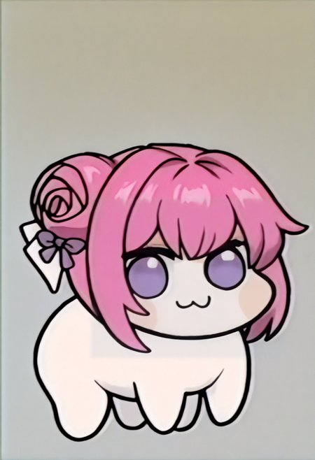 masterpiece, best quality, solo, looking at viewer, <lora:FeOVA_GLoRA-illus_Fp:1>, retro artstyle,  <lora:doro_xypher_ixl_v1:1>, doro, :3, chibi, no pupils, solid circle eyes, full body, white skin, all fours, dorothy \(nikke\), pink hair, purple eyes, single side bun, hair bow, purple ribbon