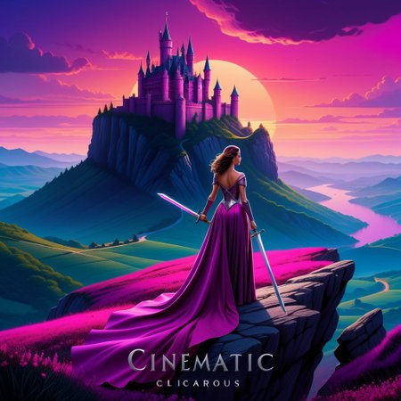 A captivating cinematic illustration with a magenta-themed color palette, featuring a stunning, mysterious woman with a sword. Her flowing, silver gown billows as she stands on a rocky cliff, gazing out at the sunset. The background shows a vast landscape with rolling hills, a castle on the horizon, and a vibrant purple sky. The overall atmosphere is dramatic and enchanting, perfect for a movie poster., cinematic, poster, illustration