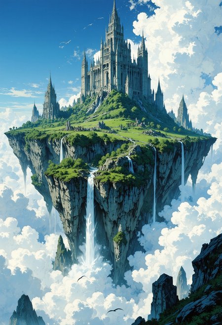 A  floating island landscape. The island is massive, with lush green terrain and jagged mountain peaks. Waterfalls cascade from the edges, creating a misty atmosphere as they descend into the clouds below. The sky is filled with fluffy white clouds, and the sunlight casts a serene glow over the scene. The island appears to be suspended in the sky, surrounded by a vast expanse of blue. Birds are seen flying around the island, adding a sense of scale and movement to the composition. The overall color palette is dominated by greens, blues, and whites, creating a tranquil and otherworldly ambiance.