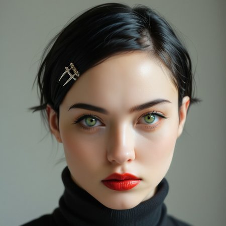portrait, light makeup, neoteny, 18 years old, soft jaw, puffy mouth, large eyes, perfect yes, turtleneck white shirt, skinny , narrow face, european, face close up, 1girl, solo, black hair, bobcut, hairpins, glossy red lipstick, lips, looking at viewer, realistic, grey background, serious expression, simple background, face, green  eyes, upper body, eyelashes, close-up, nose, eyebrows, indoors, bright lighting, artistic shot, perfecteyes