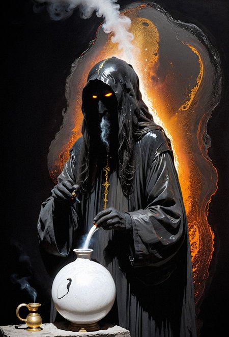 illustration of an old man, otherworldly, mysterious, back view, long hair, arching, black hair, long hair, face covered, obscured face, no face, molten plastic, abstract, black plastic, white plastic, galactic dusk, gold particles, thin black shirt, dark, (smoking a pipe, motel lava:1.2)  <lora:add-detail-xl:0.7> <lora:xl_more_art-full_v1:0.7>  <lora:sdxl/nicola_samori_dark_art_style:0.7> in the style of Nicola Samori