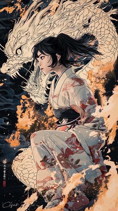Japanese anime art style, Ukiyo-e,

Upon the dragon's blazing crest,
A girl in kimono stands, possessed.
Flames dance around her slender form,
A guiding light amidst the storm.

Her gaze commands with quiet might,
A harmony of fire and flight.
The dragon bends to her whispered call,
A timeless bond that conquers all.

With every step, the embers flare,
A tale of power, bold and rare.
Girl and beast, in flames entwined,
A fiery legend, forever enshrined.