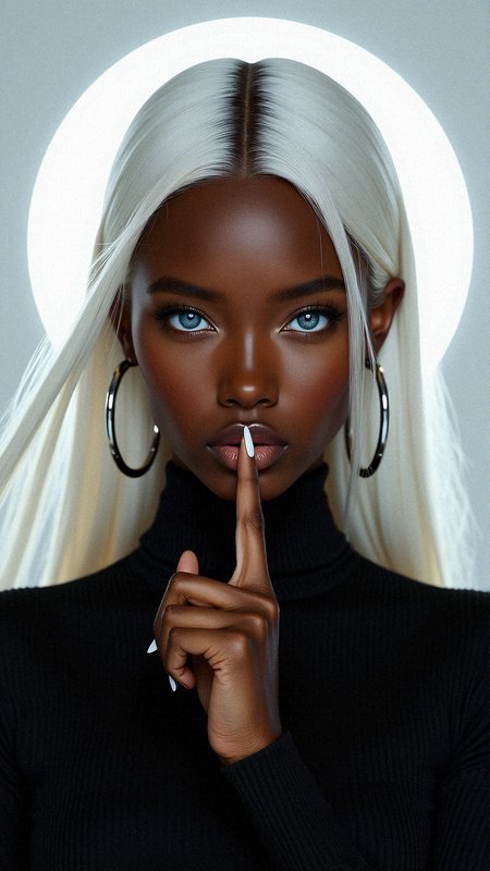 a highly detailed portrait of a black woman with rich sepia-toned skin and long, silken white hair that flows like liquid light. Her glowing gray eyes stare with an intense, otherworldly gaze, framed by silver hoop earrings that catch subtle reflections. A radiant white halo encircles her head, bathing her in soft light that highlights the textures of her ribbed black turtleneck dress. The atmosphere is minimalist yet celestial, with a gradient of cool whites and pale silvers in the background, enhancing the futuristic and divine elements of her appearance. Focus on the interplay of light, texture, and shadow to create a surreal yet realistic effect.

finger to mouth, 