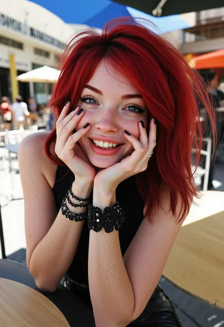 Upper body portrait photo of young goth woman with red hair and blue eyes, wearing stylish outfit with bold lace elements, dark makeup, eyeshadow, nail polish, set in café with outdoor seating on a bright sunny day, cucoloris, trickling shadows, shy smile, white teeth, volumetric lighting, dynamic pose, realistic shadows, perfect composition, hyperrealistic, RAW photo, detailed skin with freckles   <lora:flux_SkinDetails_v8> <lora:flux_UltraRealPhoto> <lora:flux_willowwisdom>