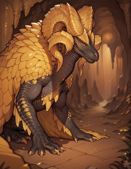 <lora:MH_Kulve Taroth_a2_57_PonyXL_spnlora1_th-0.7>,<lora:AsuraLycoXL:0.8>,<lora:TOTO_Inaxtoto__bebebebe_Style_Lora:0.3>,score_9,score_8_up,score_7_up,score_6_up,source_furry,depth of field,mhkulv,scalie,feral,solo,detailed background,yellow eyes,goldcloak,three-quarter view,cave,sunbeam,