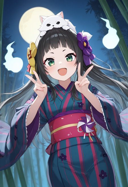 1girl,solo,<lora:marimariil:0.9>,marimari_(show_by_rock!!),long hair,black hair,hair ornament,hair bow,green eyes,hair flower,yellow flower,purple flower,animal on head,floral print kimono,striped kimono,red obi,wide sleeves,long sleeves,pinwheel,looking_at_viewer,cowboy_shot,dynamic_angle,smile,open mouth,double_v,hitodama,night,nature,bamboo forest,full_moon,masterpiece,best quality,good quality,newest,incredibly absurdres,