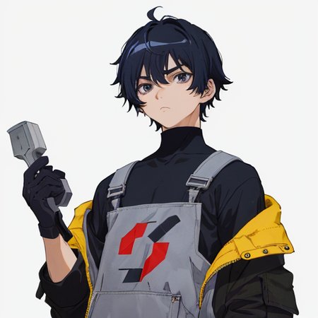 teenager, male, (grey working-clothes), brightness, clear-background, ((1 boy)), {{M-bangs}}, short-hair, dark-blue-hair, messy-hair, (brown-eyes), (90's-anime), flat-shading, smooth-body, looking-far, wince, glove, standing, (masterpiece), (((tareme))), closed-mouth, upper-body, best quality, holding a wrench in right hand