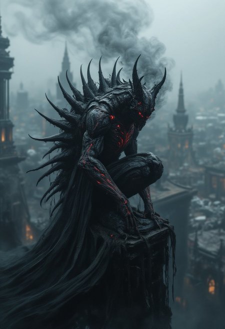 horror show, monster, nightmare, fear, 
A dark, humanoid figure with glowing red streaks and sharp, elongated spikes protruding from its back. The figure is perched on the edge of a high structure, overlooking a misty cityscape with various architectural buildings. The atmosphere is eerie, with a smoky aura emanating from the figure, blending with the misty backdrop.