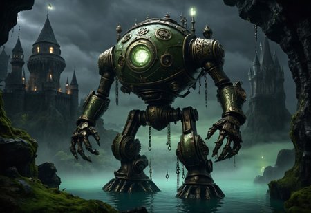 giant bipedal robot olive green and dark red stripes and bronze silver paisley robot. lacy robot submarine head. outside of a steampunk keep. large detailed torso. dark image. one forty foot tall ancient robot with great arms and two heavy spring legs. dark foggy night background. $dark foggy night image only. dark photo realistic image. steampunk details. cogs, chains and pipes incorporated in the fantasy buildings. magic wizards tower in background. Dark swamp, moss, castle ruins, wizards tower. stormy dark night. small floating robot ball in swamp