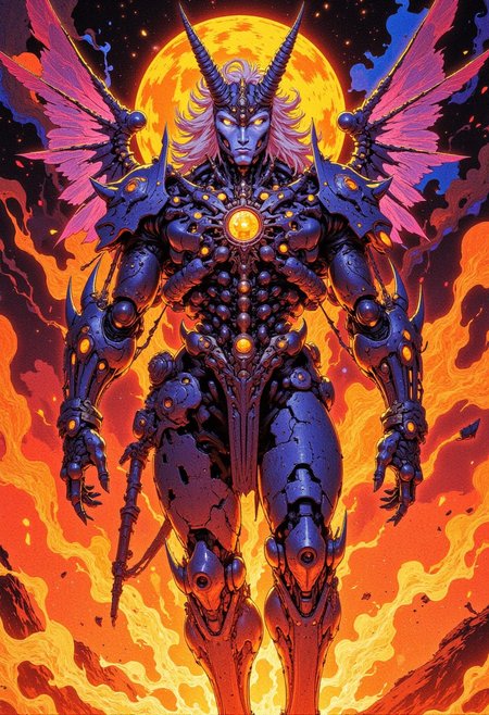unicorn cyborg, fire background