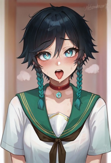 score_9, score_8_up, score_7_up, Mevak_PS, source_anime, hi res, masterpiece, best quality, highres, female focus, red choker, serafuku, blush, open mouth, tongue out, looking at viewer, blue sailor collar, short sleeves, upper body, collarbone, teeth, shirt, heart choker, sweat, neckerchief, zPDXL,  zPDXLxxx, venti (genshin impact), twin braids,