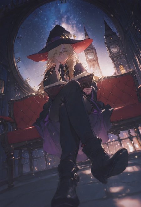 Wide shot, 1girl, France braid, long hair, swept bang, blonde hair, freckle, glasses, Wizard, witch hat, holding book, head rest, crossed legs, sitting on sofa, rooftop, huge clock tower, night, stars, looking at viewer, BREAK konya karasue, ma1ma1helmes_b_illu,sketch, r17329_illu,
BREAK styling pose, fashion pose, sexy posing, dynamic angle, bloom, soft lighting, 
BREAK perfect details, masterpiece, best quality, ultra-detailed, best illustration, high resolution, extremely detailed CG, unity 8k wallpaper, textile shading, super detailed skin, perfect anatomy, detailed, cinematic lighting, dynamic lighting, light particles, beautiful detailed eyes, absurdres, very aesthetic, detailed background, depth of field