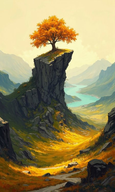 A vibrant landscape painting. 
A solitary, large tree with an autumnal, golden-orange canopy sits atop a tall, isolated, dark-grey rock formation. The rock formation rises dramatically from a valley below, creating a dramatic focal point. The tree's roots and some lower branches are visible against the small patch of grassy terrain at the summit of the rock. 
The valley spreads out below, filled with a mix of golden-yellow and green fields, and smaller hills.  A body of water, likely a lake or river, winds through the valley. The surrounding mountains are a deep blue-green,  suggesting distance and depth.
The sky is a blend of soft, light-yellow clouds and overcast grey-blue hues, with hints of sunlight and warm, golden-orange tones illuminating the scene. 
The entire image has a painterly quality, suggesting a skilled artist's brushwork and attention to light and shadow, emphasizing the contrast between the tree and the rocks and the texture of the landscape., <lora:FLUX-daubrez-DB4RZ-v2:1> DB4RZ, DB4RZ style painting