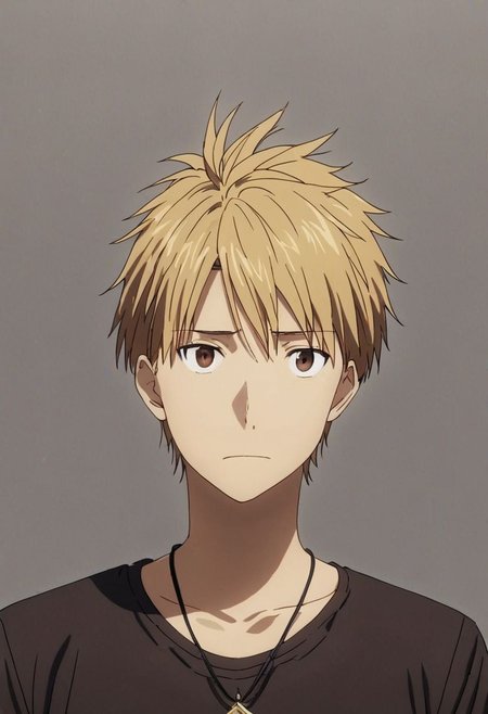 high resolution, solo, best quality, 1Boy, Yamato Ishida, Blond Hair, Necklace, potrait, dark shirt, looking at viewer, focused gaze forward, simple background, straight body, upper body, head upright, anxiety, OverallDetail