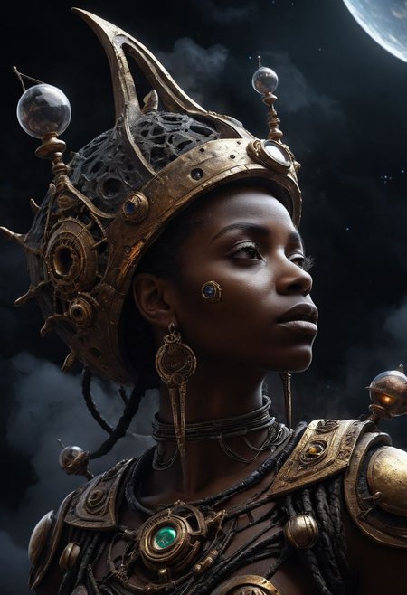 African American, Surreal abstract fantasy art, You're the ship, high contrast, alchemy, forge, fluid, I'm the captain Where should the journey go?, mysterious, hazy, dusty, mystical, gloomy,  dusty, dramatic light, future technology, 34K uhd, masterpiece, high detail, 8k, intricate, detailed, high resolution, high res, high quality, <lora:add-detail-xl:1.8>, highly detailed, Extremely high-resolution details, fine texture, (darkness:2.0),