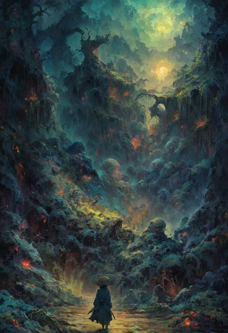 monk with wooden hat, walking into the bunch of monsters, horror atmosphere, it watches, something lurks in the dark,  dark night, atmospheric, (cyan glow), UHD, impressionism, absurdres, scenery art, matte painting, horror, beautiful digital painting, anime landscape, scary painting, paintlike, dreamy,