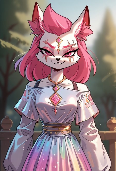 score_9, score_8_up, score_7_up, masterpiece, detailed, digital art, D1girl, Kimikoxl, anthro, fox girl, white fur, pink hair, animal ears, animal nose, pink eyes, face markings, eye scar, smirk, holographic dress, cut dress, xingyun, binggan