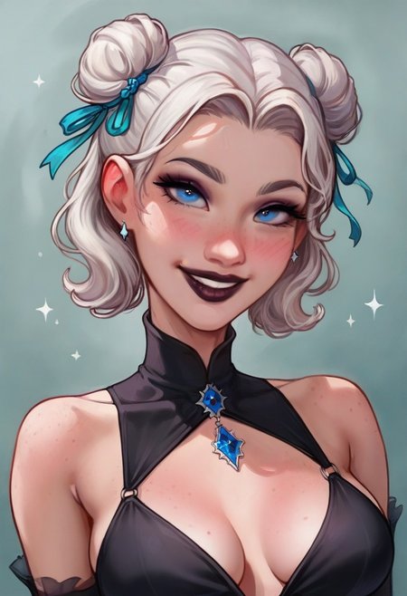 score_9, score_8_up, score_7_up, masterpiece, best quality, detailed face, detailed eyes, rmsns BREAK 1girl, slim, delicate features, sensual glare, smile, pale skin tone,  blue eyes, makeup, dark lipstick, regal dressing, fur trimmed black dress, white hair with two buns, (hands down), BREAK half-sideways view, medium shot, BREAK simple background