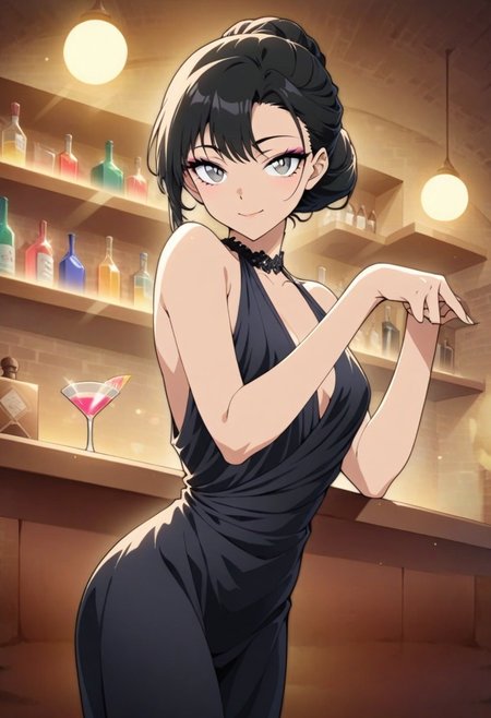 (masterpiece:1.2), (best quality:1.3), (ultra detailed:1.3), 1girl, young adult, leaning, upper body focus, diagonal angle, cocktail dress, loose updo with face-framing tendrils, gentle smile, attentive gaze, bar scene, counter top, cocktail glass in hand, bar shelves, ambient lighting, nighttime atmosphere, professional lighting, stunning face, detailed eyes, detailed facial features, (graceful hand pose:1.2), (relaxed elegance:1.1), illustration style, (shimmering black cocktail dress:1.1), (soft smokey eye makeup:1.1), (best quality:1.3), (ultra detailed:1.3), (vivid:1.5)