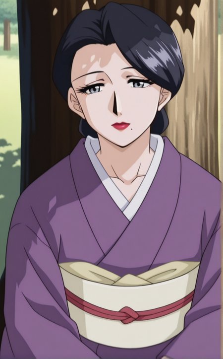 masterpiece, best quality, insaneres, absurdres,dappled sunlight, tree shade, tree, day, nature, shadow, sitting, against tree, on ground, shade, sunlight, under tree, forest, outdoors, scenery,   <lora:ILLUSTXL_MistreatedBride_SumieTakayanagi_ownwaifu:1>, BREAK PurpleKimono_SumieTakayanagi_ownwaifu, 1girl, black hair, breasts, grey eyes, japanese clothes, lipstick, makeup, mature female, mole under mouth, purple kimono, red lips, single hair bun, obi, sash, short hair, long sleeves, collarbone, hair bun, eyelashes, lips, swept bangs, wedding ring, wide sleeves, white skin,