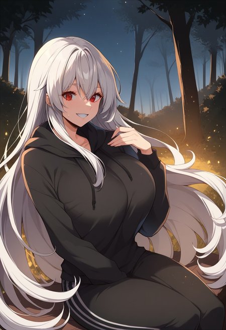 score_9, score_8_up, score_7_up, source_anime, 1girl, solo, red eyed, very long white hair, black hoodie, black sweatpants, curvy, forest, smiling, sitting, (night, dark lighting), <lora:Kloah-Style-PonyXL-Dora-v1.2-000055:1>