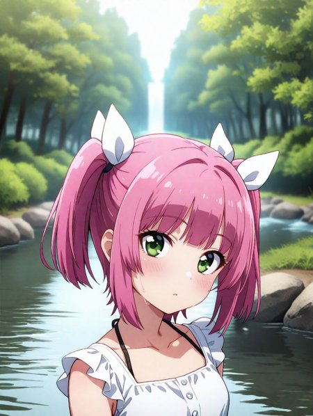 masterpiece, best quality, <lora:spo_sdxl_10ep_4k:0.5>, Perfect Hands, sfw, 
<lora:urin_IL:0.8>, 
1girl, solo, urin, long hair, short twintails, pink hair, green eyes, hair ribbon, white dress , 
head tilt, outdoors, water, stream, arms at sides, looking at viewer, day, river, nature, standing, tree, upper body, forest, blurry, (blurry background:1.2), dynamic lighting,