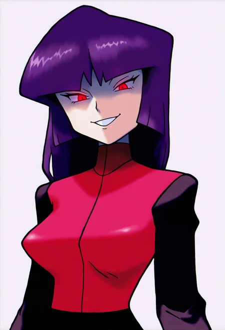 sugimori ken,
best quality, amazing quality, very aesthetic, absurdres,
1girl, solo, sabrina /(pokemon/), red eyes, dark purple hair, 
evil smile, looking at viewer, upper body, simple background, white background  <lora:KenSugimoriIllustriousLocon_byKonan:1>