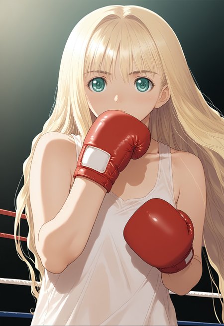hortensia,score_9,score_8_up,score_7_up,source_anime,best_quality,masterpiece,super_fine_illustration,8k,1girl, child face, blonde hair, very long hair, tank top, boxing gloves