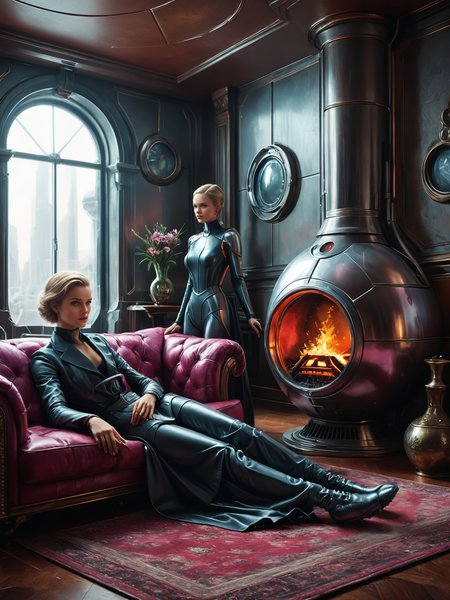 photorealistic, detailed digital illustration of a woman wearing nice boots , Futuristic living room with holographic fireplace in the background <lora:xl_more_art-full_v1:0.4>,  <lora:EnvyDramaticPortraitXL03:0.8>,  <lora:Dystopia:0.8>