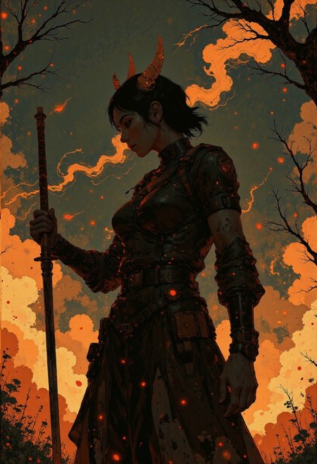 Victory stance exudes primal pride,
Warrior woman wears tri-colored cloak,
Reds and blacks swirled, midnight mottle pattern,
Revealing olive-toned abdominals rippling rigid,
Thigh-high boots trample dirt painted rust brown,
Sword planted to hilt quivers as victor pants,
Blood-stained blade sheds gore glisten macabre,
Defeated beast lies prone defeated pitiful,
Jaws slack tongue dangling as eyes stare blank,
Smoke rises from wounds sizzling seared burnt crisp,
Flames flicker through rubbled ruins ashing,
Red sunset sky mirrors spilled guts glister scarlet,
Her scarlett locks whip winds wilding blowing,
Metal horns cap ears framed cheek bones cutting,
Regal frown forehead furrowing thinking past battle,
Battle-fatigued yet alive standing in carnage aftermath,
Contemplating meaning of victory cost heavy toll,
Staring into the eyes of conquered dragon skull,
art by Hsiao-Ron Cheng,
digital, fashion, femininity, minimalism, mixed-media, pastel-colors, pop-art, portraits, female-artist,
beautiful, painterly, detailed, textural, artistic, aesthetic, intricate details, highly detailed, vivid, vibrant, 
EtherealGlow, glowing, ethereal