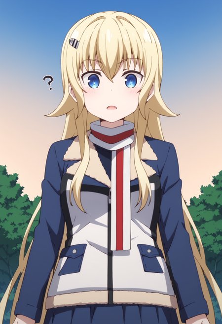 score_9, score_8_up, score_7_up, source_anime, rating:explict, uncensored, 1girl, 
BREAK,
 <lora:claudia_bruford_ponyXL_v1:1> claudia bruford, blue eyes, blonde hair, long hair, hair ornament, scarf, hairclip, jacket, skirt, looking at viewer, confused, outdoors, sky, open mouth, hands in front of chest,