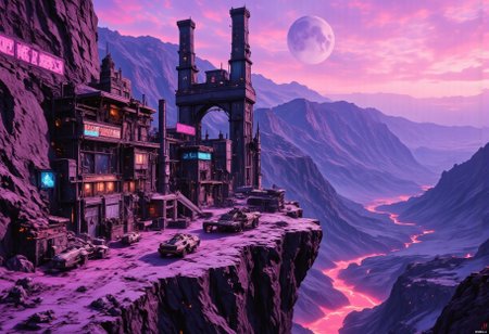 OBxiaoxiang, CAICO, inksketch purple and lavender theme, Abstract digital painting in the style of ck-js, detailed photorealistic image, a sci-fi Miningstation of colossal buildings and towers in a barren lavender lush landscape, looking like an Mining Outpost perched at the Cliff, a smelter attached to the structures, of a volcanic cliff, its sleek towers a stark contrast to the cliffs surrounding it. The planet’s sun casts a vivid, cyan surreal light across the station, while deep fissures reveal glowing rivers of molten pink lava far below. The sky is a surreal shade of black and purple, dark glowing diodes and lights ((dark glowing diodes, lights and neon signs), Firestorm Inc. written on the neon signs), attached to the building is a landing field with 3  Spaceships landed on it, Dragonkin like creatures are around fixing some spaceships, two moons hanging low in the horizon, each reflecting light off the surface, large depth of field. The sky is a dark pink, with 2 broken moons hanging low in the horizon <lora:more_details>
realistic, detailed background, shaded, detailed, hi res, realistic, photography \(artwork\), (by kenket), by ross tran, by michael & inessa garmash, by pino daeni, by isvoc, by kiguri, by alena aenami, by ruan jia, (by zenthetiger, by wolfy-nail), by Enki Bilal, by drmax, photorealism, <lora:add_detail:1.3